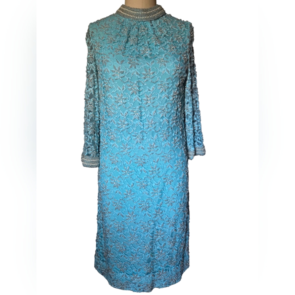 Vintage 1960s Beaded Dress Pearl Turquoise Heavily Embellished Small 4